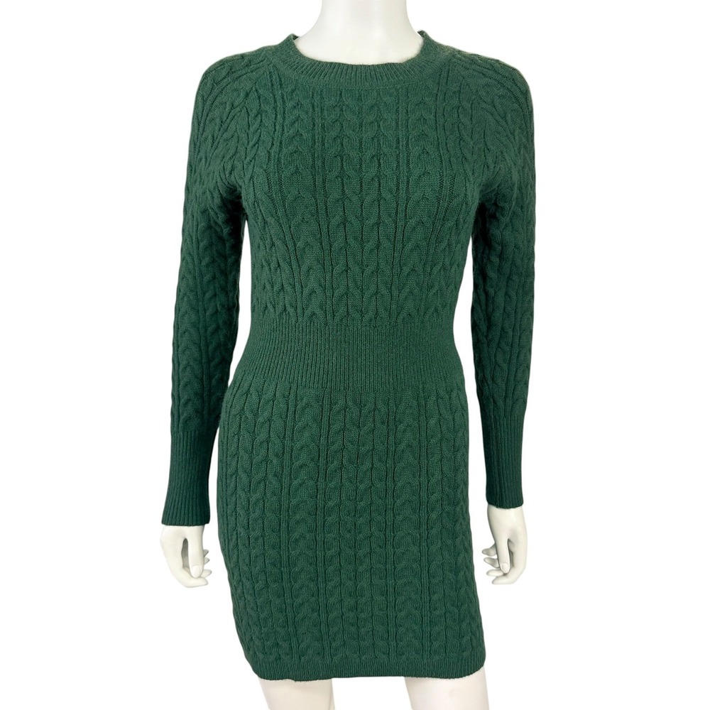 Womens Cable Knit Sweater Dress Long Sleeve Mini Forest Green Preppy Winter M